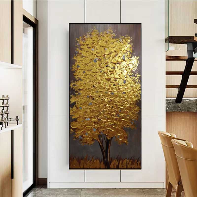gold money tree painting Golden Fortune Tree Painting Nature Landscapes Wall Art Legendary: 47“x95“ / 120x240 cm (Most Popular) / Titanium Gold Metal Frame