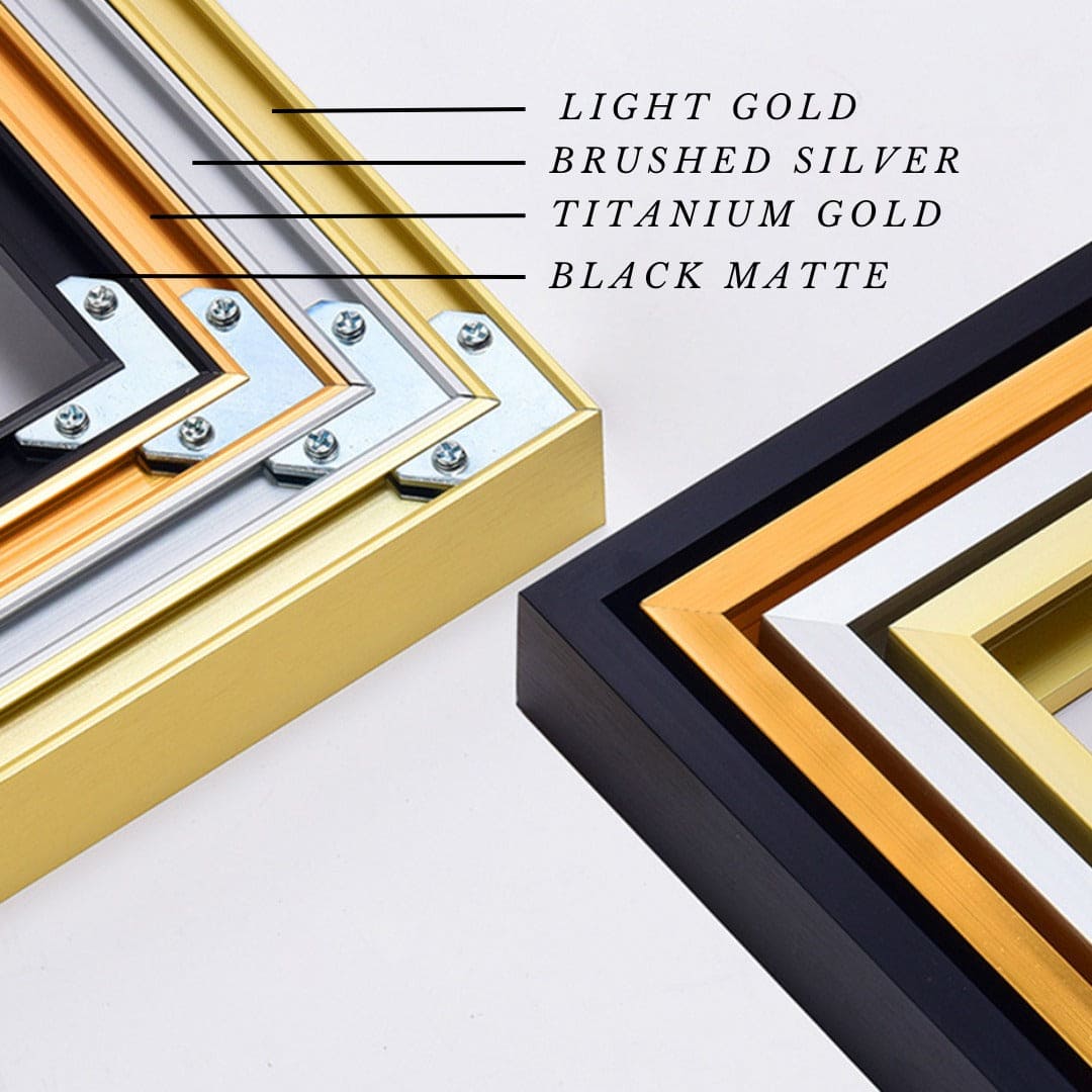 a close up of a picture frame with the words light gold, brushed silver