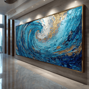 Large abstract painting with swirling blue and gold colors in a modern interior setting.