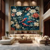 Living room with a large painting of koi fish and flowers on the wall.