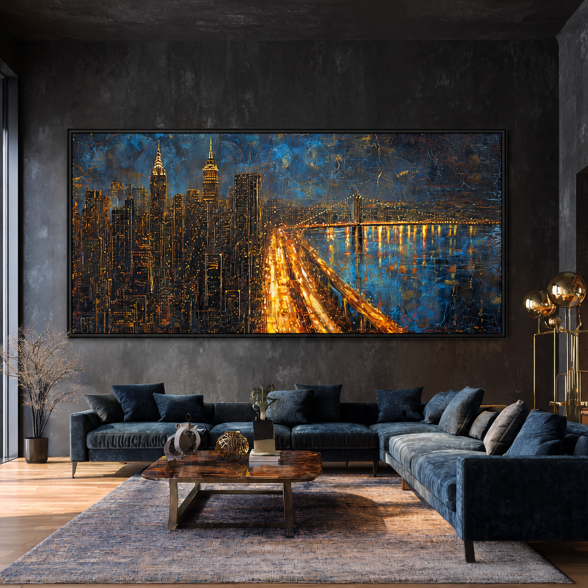Modern living room with a large cityscape painting on the wall.