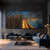 Modern living room with a large cityscape painting on the wall.