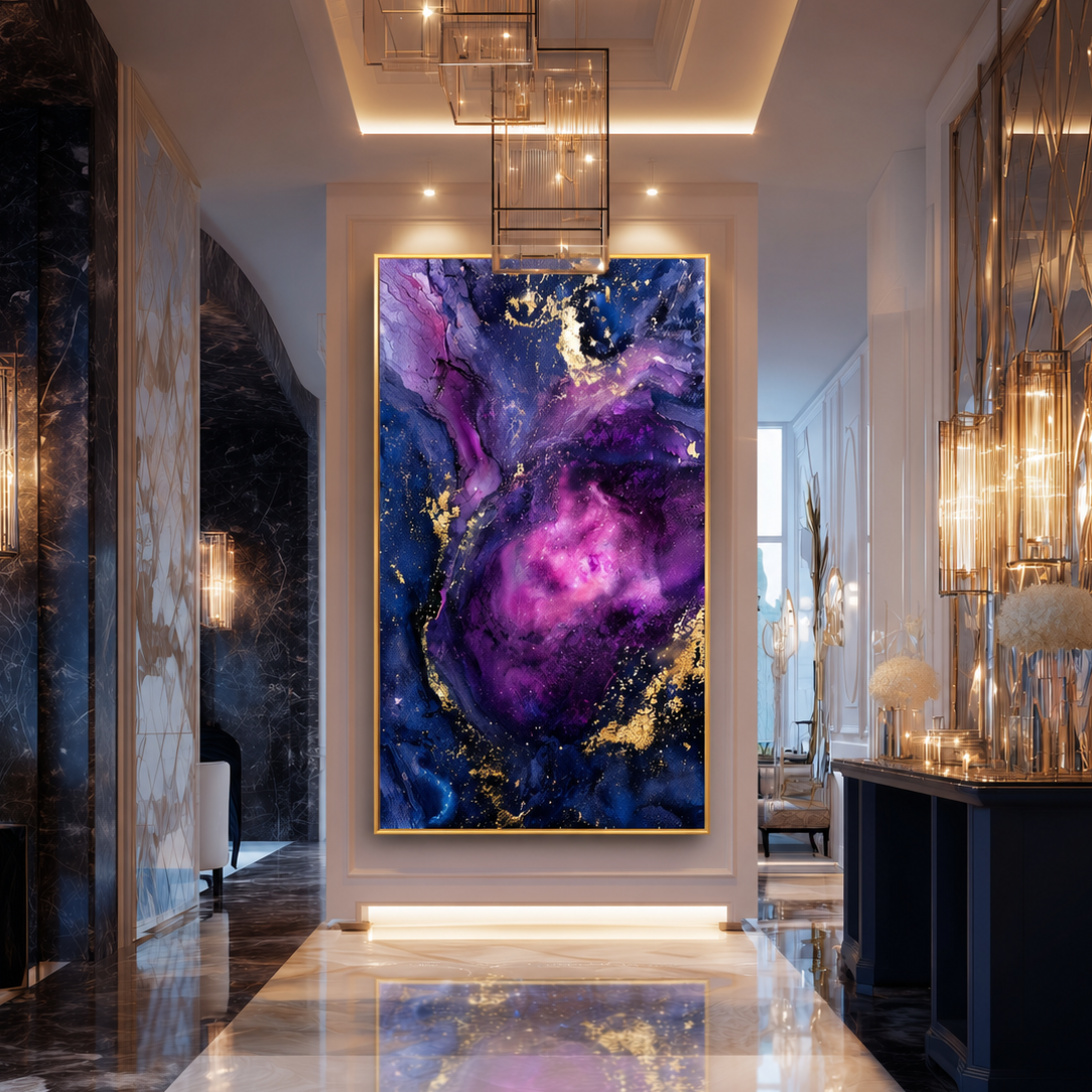 Luxurious interior with a large abstract painting in a high-end setting