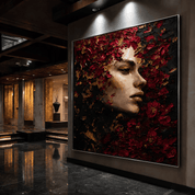 Artistic depiction of a face surrounded by flowers in a modern indoor setting.
