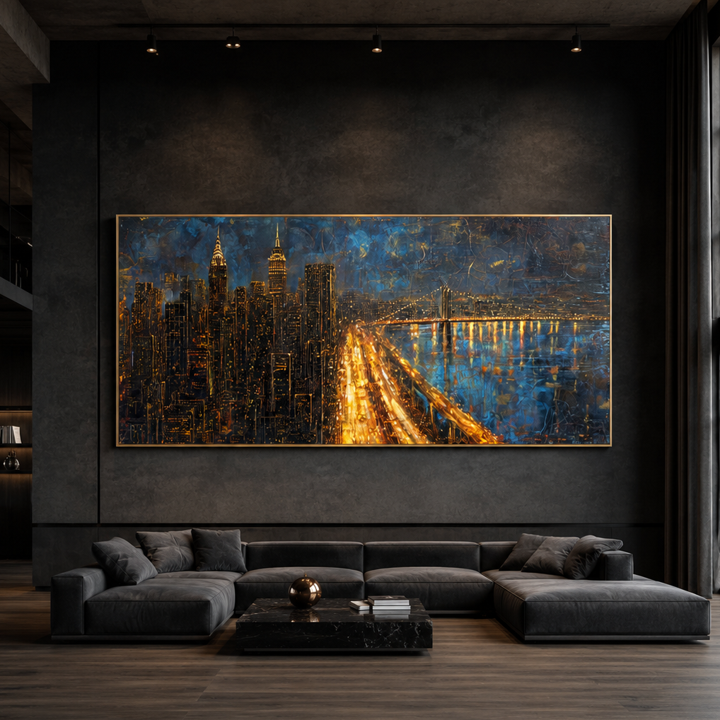 Modern living room with a large cityscape painting on the wall.