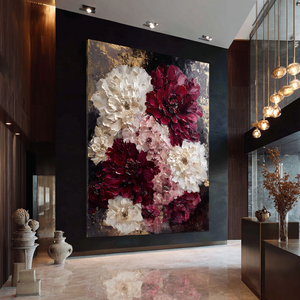 Decorative floral painting in a modern interior setting with sculptures and a chandelier.