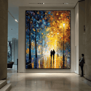 Large abstract painting of a couple walking under streetlights in a modern interior setting.