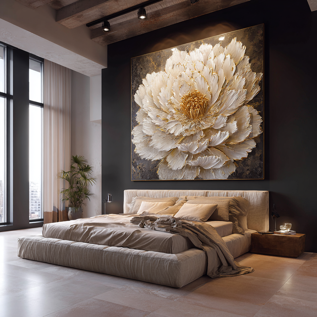 Modern bedroom with a large floral painting on the wall