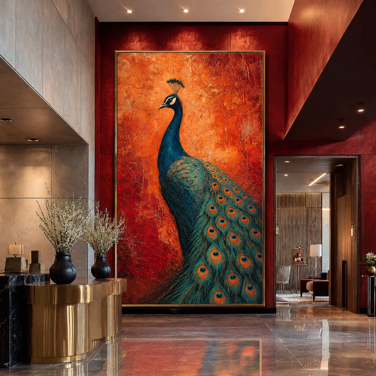 Peacock painting on a red wall in a modern interior setting