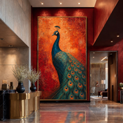 Peacock painting on a red wall in a modern interior setting