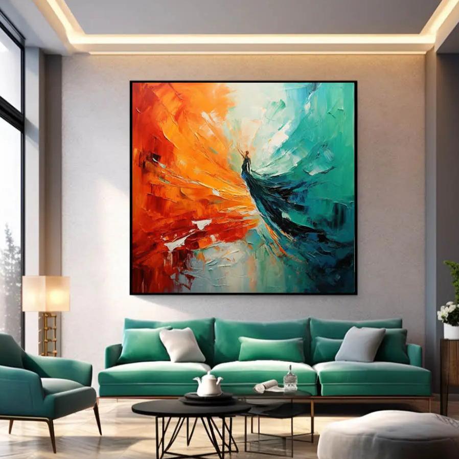 a living room filled with furniture and a luxurious abstract painting on the wall