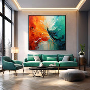 a living room filled with furniture and a luxurious abstract painting on the wall