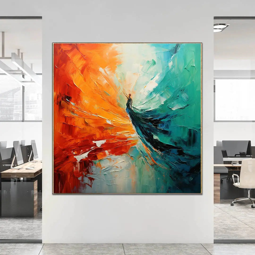 a luxurious abstract painting hanging on a wall in an office