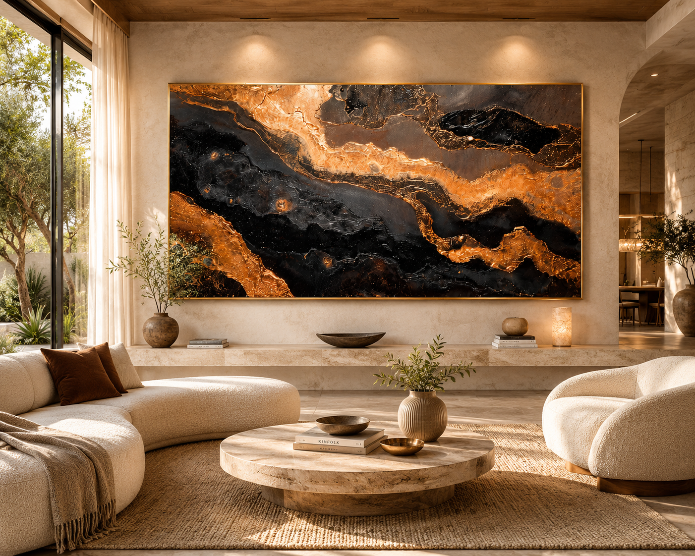 Modern living room with a large abstract painting on the wall, comfortable seating, and decorative elements.