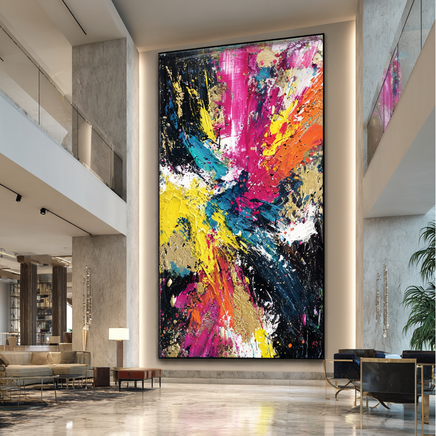 Modern interior with a large abstract painting in a high-ceilinged room.