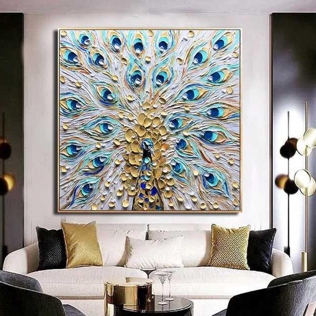 a living room filled with a beautiful original peacock painting on the wall