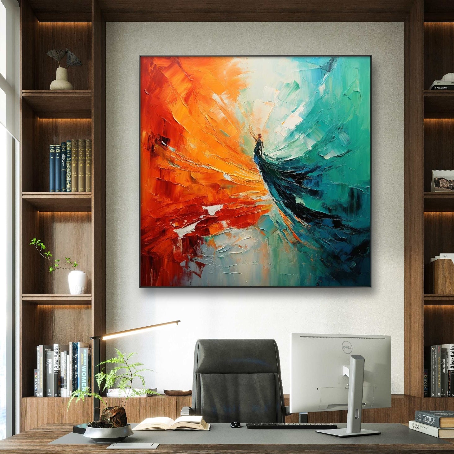 a luxurious and colorful abstract painting hanging on a wall above a desk