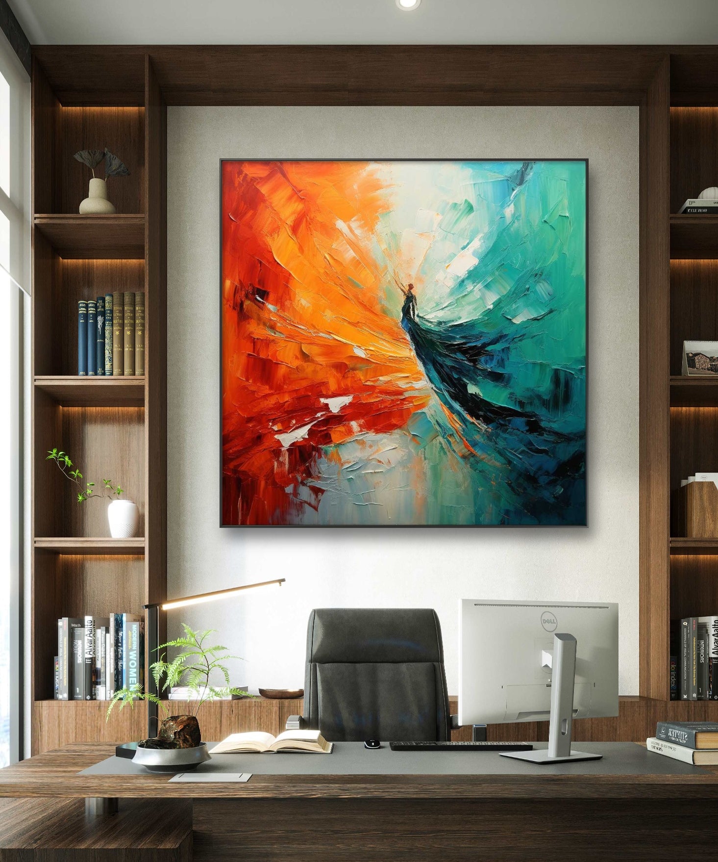 a luxurious and colorful abstract painting hanging on a wall above a desk