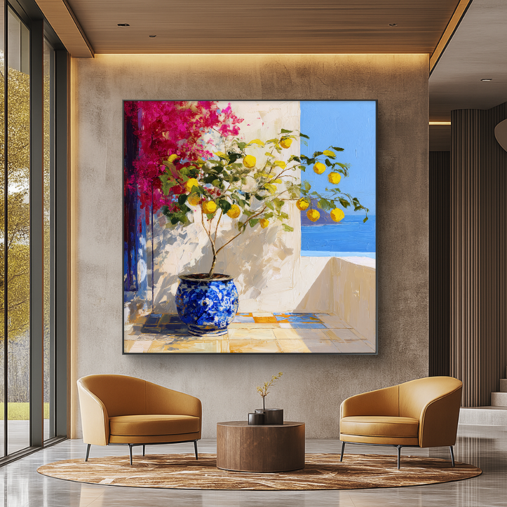 Modern interior with two yellow chairs, a coffee table, and a colorful abstract painting on the wall.
