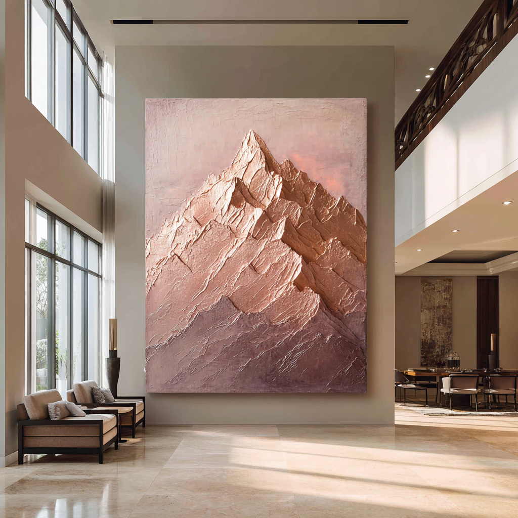 Large abstract painting of a mountain on a wall in a modern interior setting.