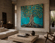 Living room with a large abstract painting of a tree on the wall.