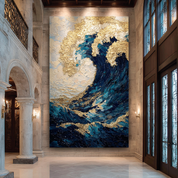 Large abstract painting in a grand hallway with high ceilings and large windows.