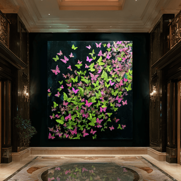 Decorative wall with colorful butterflies in a luxurious hallway