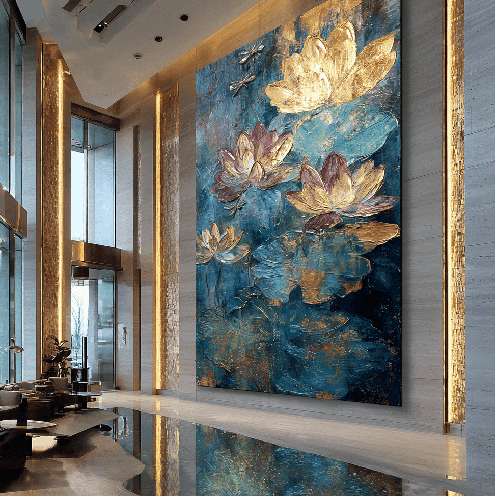 Decorative wall art of lotus flowers in a modern interior setting