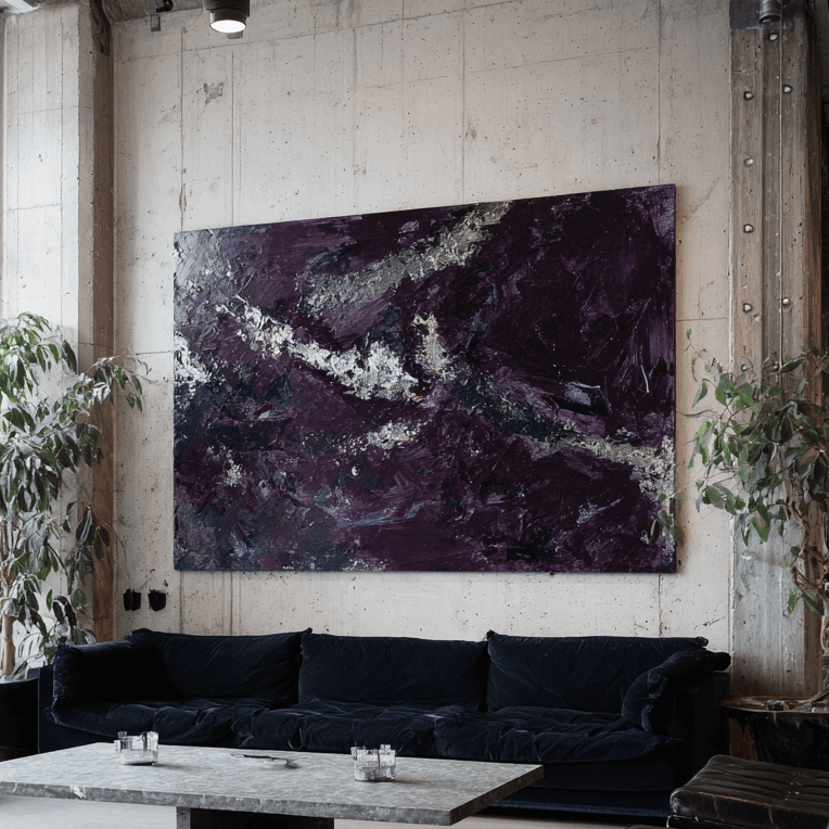 Modern living room with abstract purple painting on a white wall