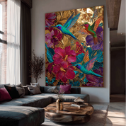 Living room with a large abstract painting of hummingbirds and flowers on the wall.