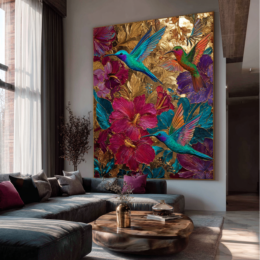 Living room with a large abstract painting of hummingbirds and flowers on the wall.