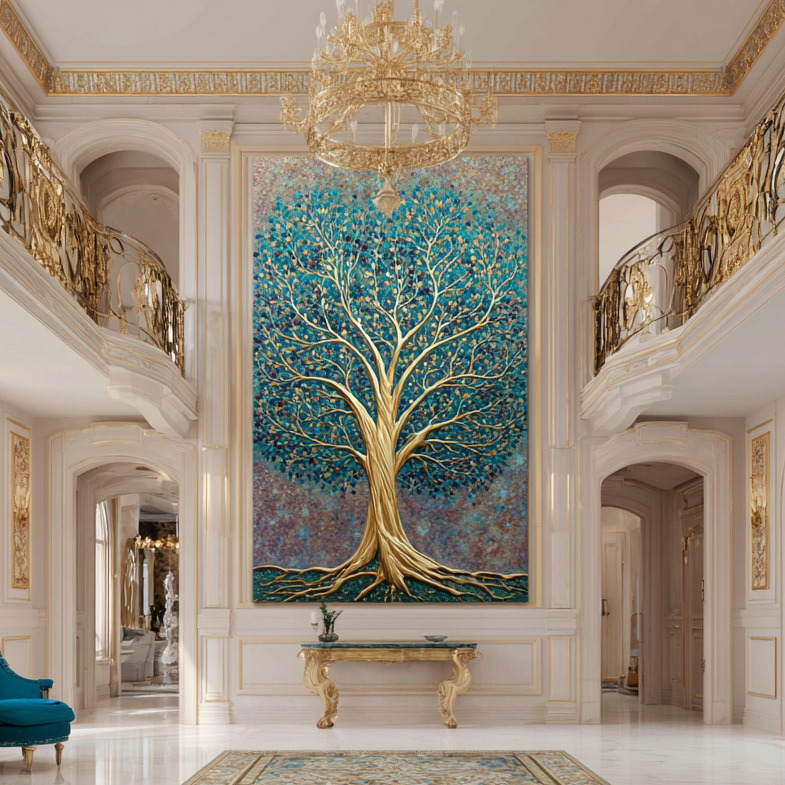 Luxurious interior with a large tree painting, chandelier, and elegant decor.