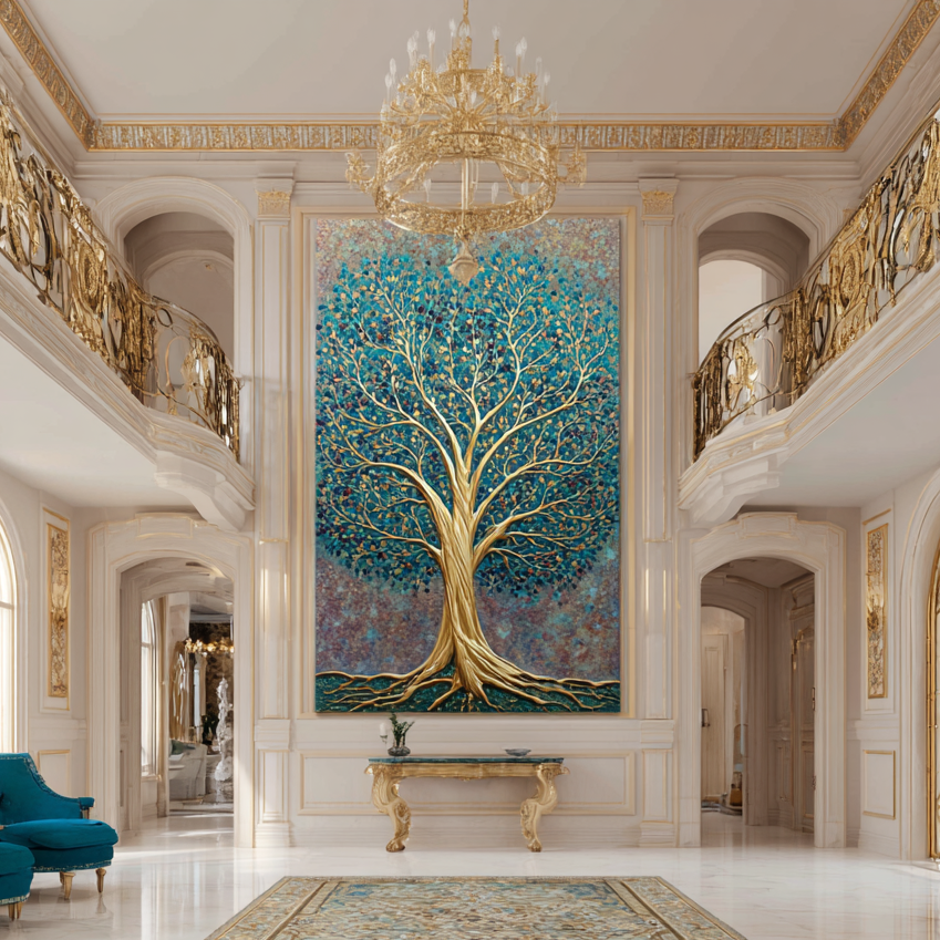 Luxurious interior with a large tree painting, chandelier, and elegant decor.