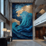 Decorative wall art of blue and gold waves in a modern interior setting.