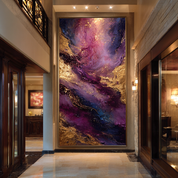Large abstract painting in a hallway with decorative lighting