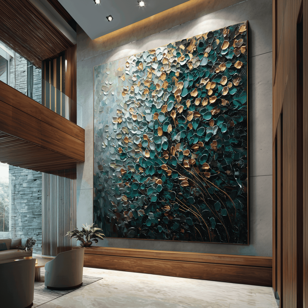 Modern interior with a large abstract wall art piece in a living room.