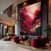 Luxurious interior with red velvet chairs, a large abstract painting, and modern decor.