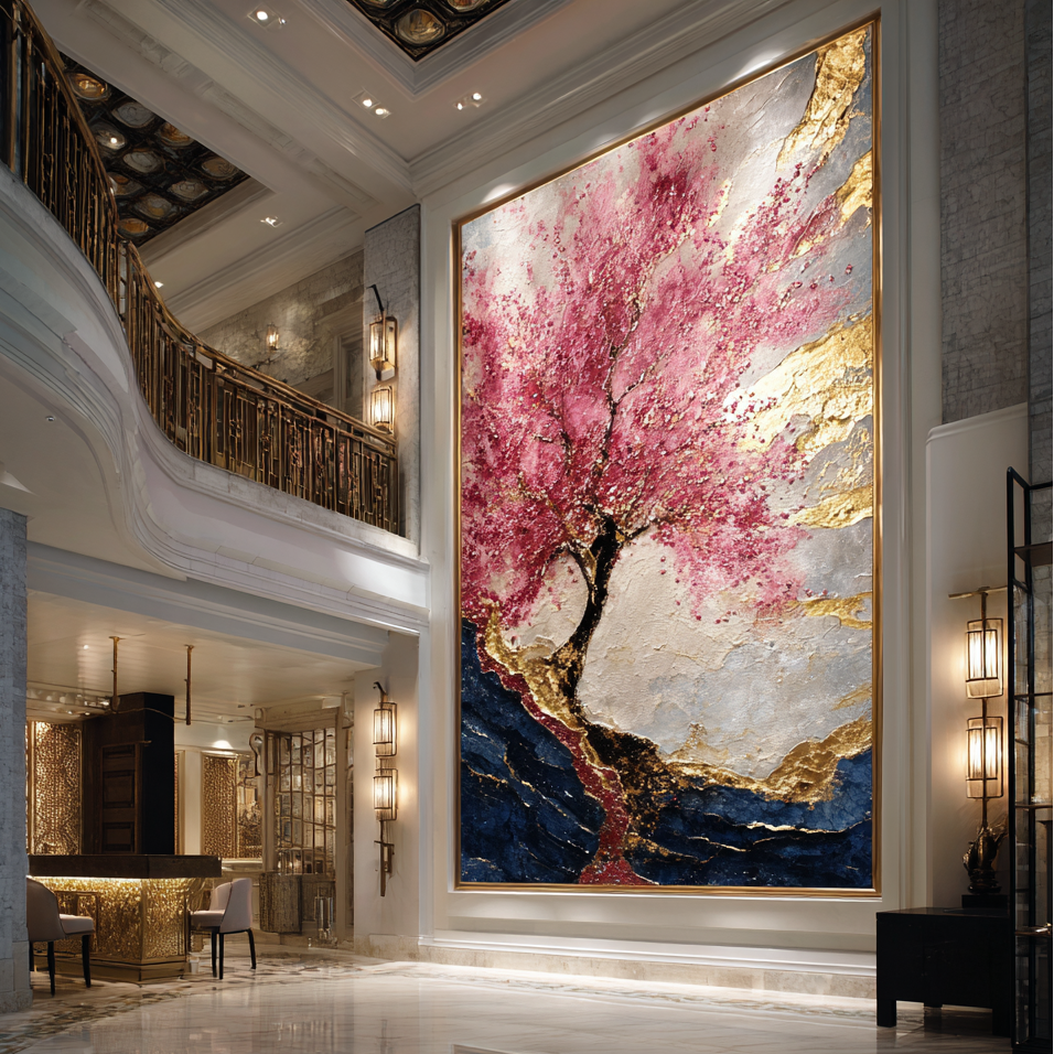 Luxurious interior with a large abstract painting of a cherry blossom tree.