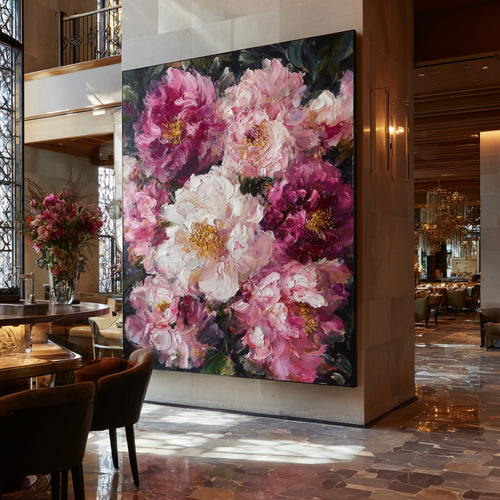 Floral painting in a restaurant setting