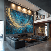 Modern living room with a large abstract painting of a celestial scene.