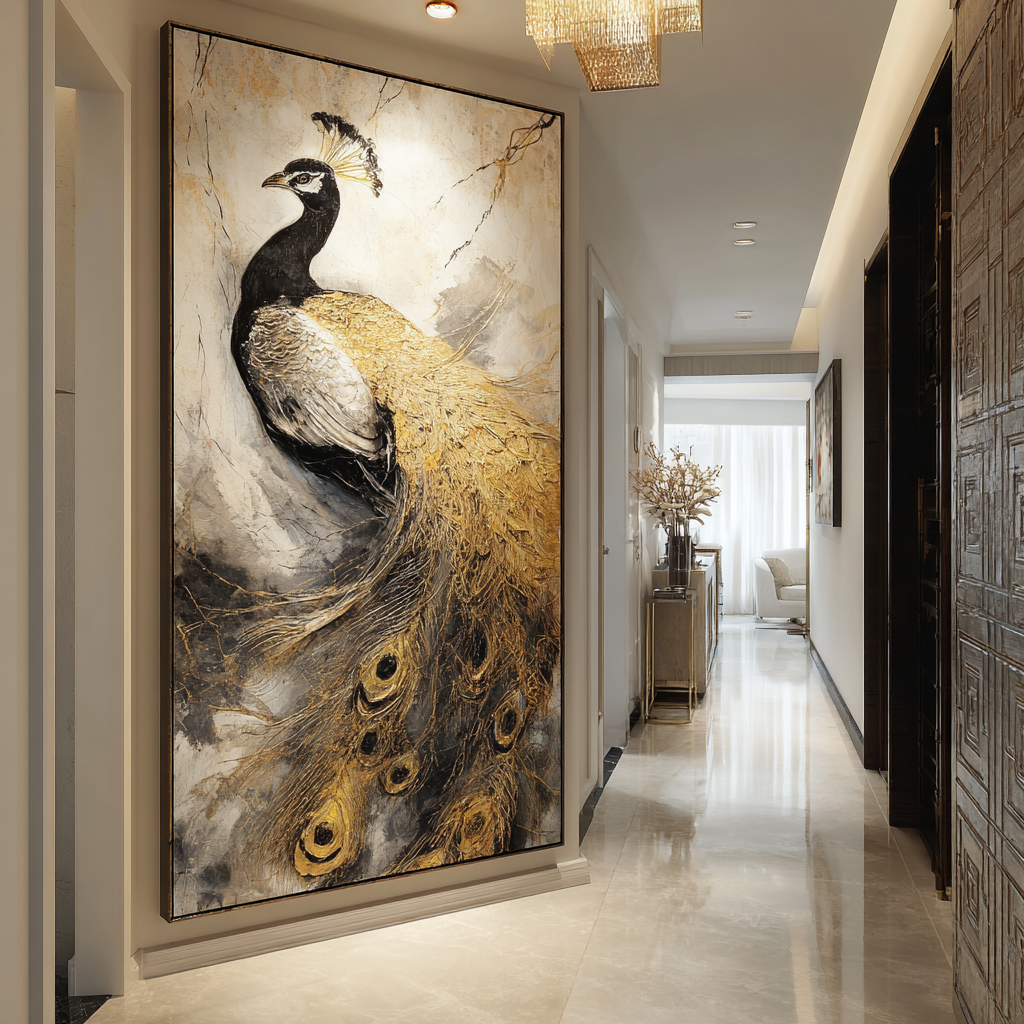 Decorative peacock painting in a modern hallway