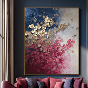Living room with a pink sofa, armchair, and abstract floral painting on the wall.
