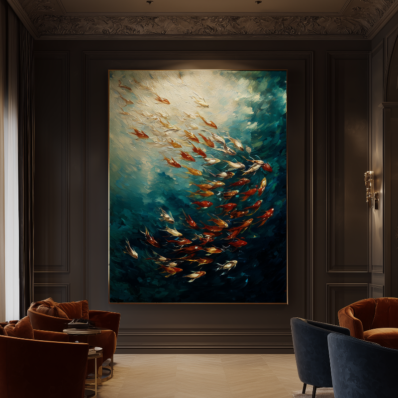 Modern living room with a large abstract painting on the wall.