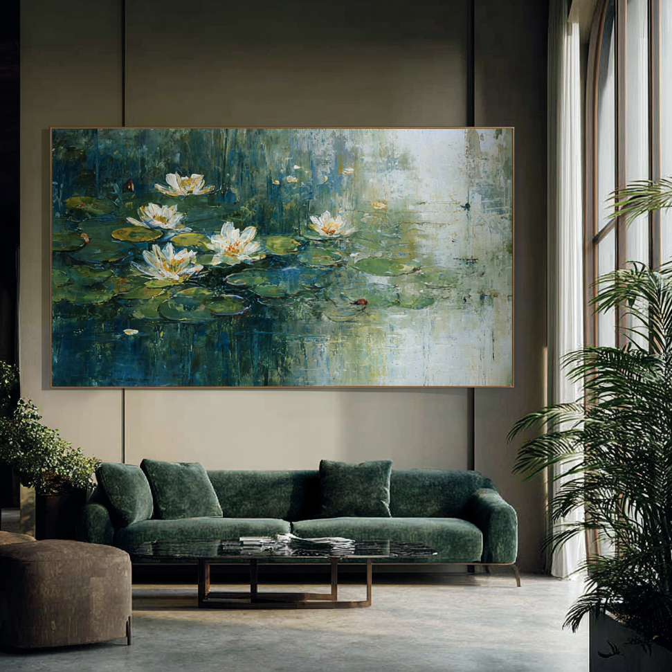 Living room with a green sofa, coffee table, and large painting of water lilies on the wall.