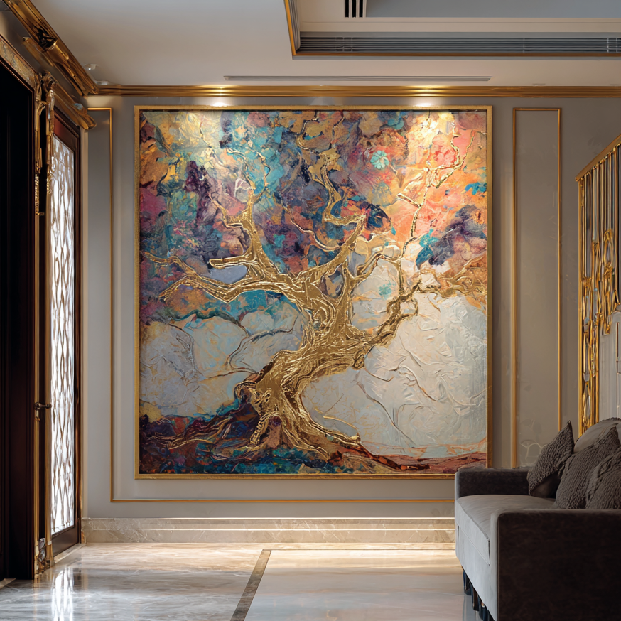 Decorative wall art in a living room with a sofa and chandelier.