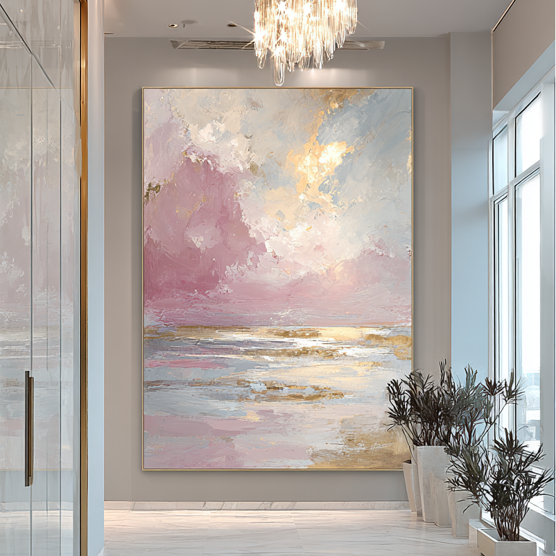 Modern interior with a large abstract painting on the wall, chandelier, and plants.